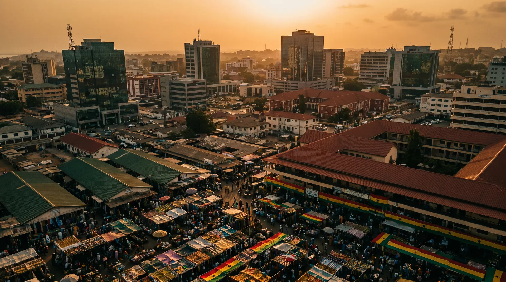 Accra market at golden hour, stall canopies in Ghana's colours, with the city skyline behind